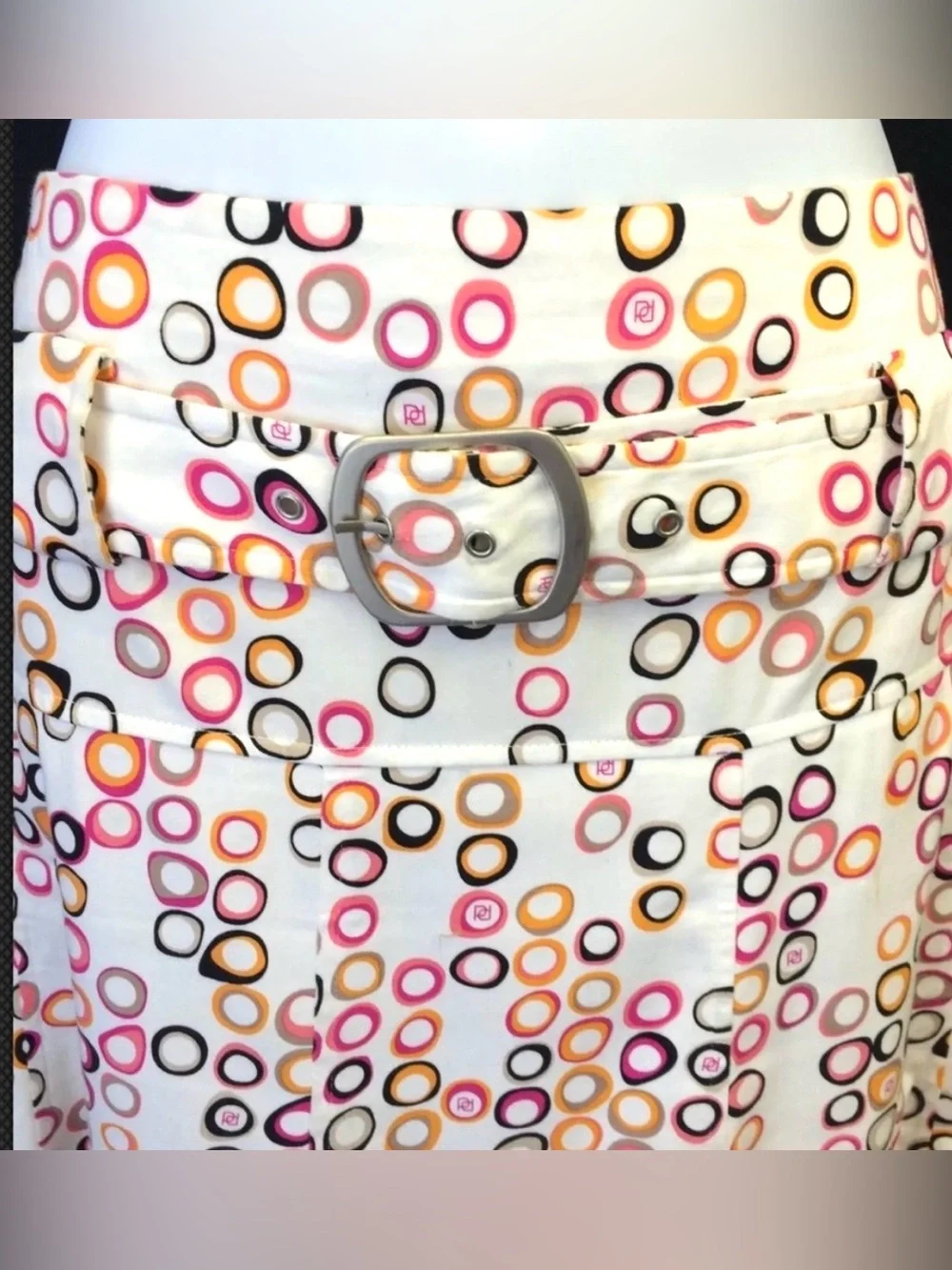 BARAMI Flare Circle Belted Lined Geometric Skirt White Pink